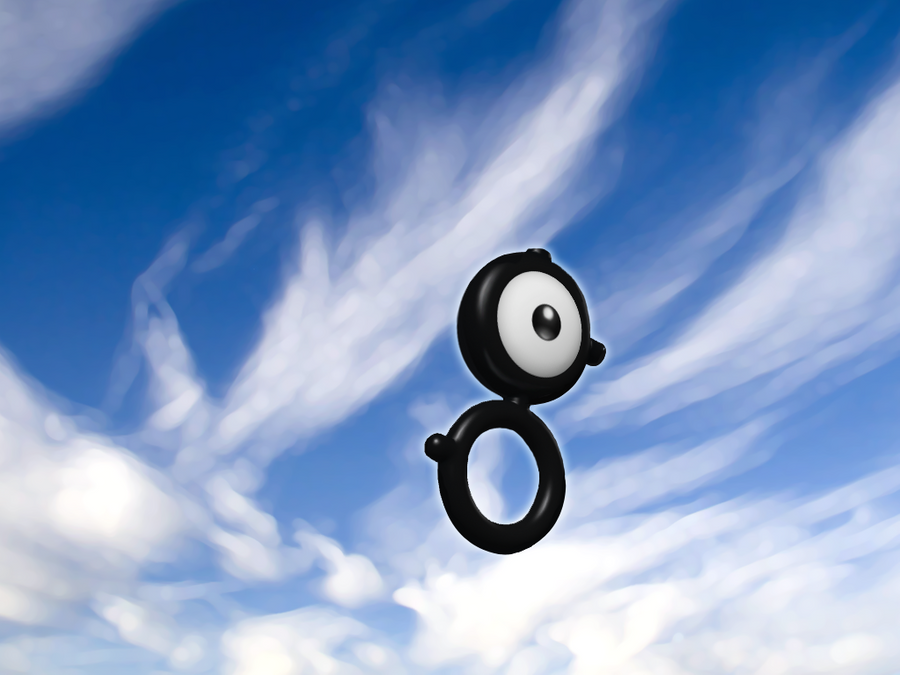 black_eyes blue_sky cloud cloudy_sky commentary creature day english_commentary floating full_body gen_2_pokemon ilkcmp md5_mismatch nintendo no_humans outdoors pokemon pokemon_(creature) resolution_mismatch sky solo source_larger unown unown_b