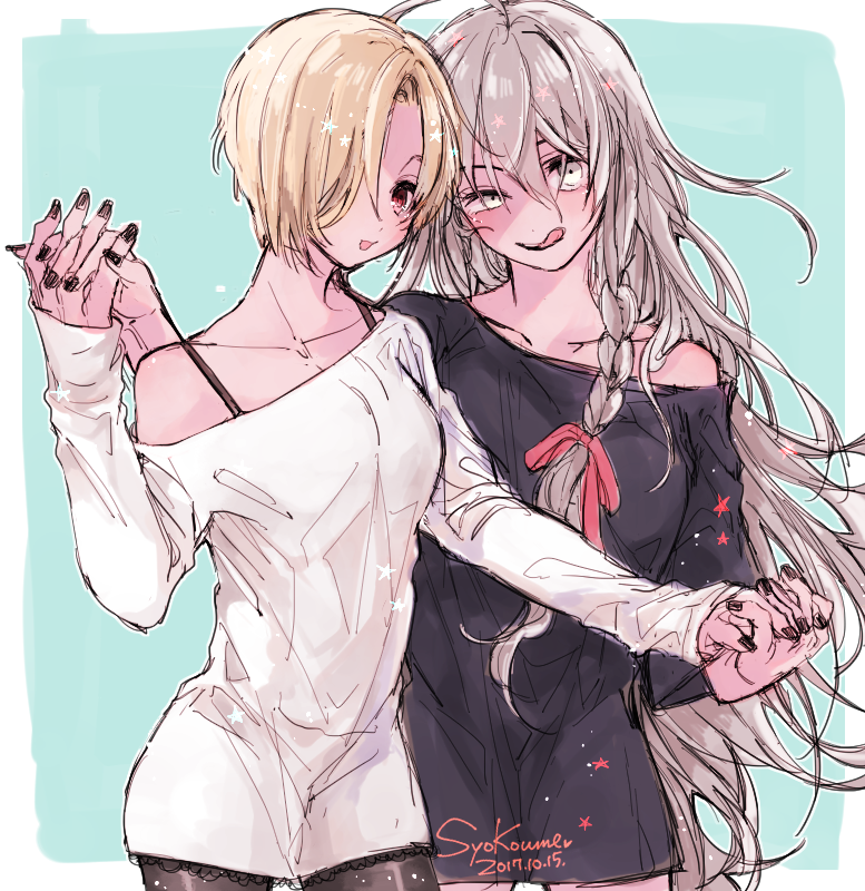 2girls ahoge amane_(7783) black_nails black_pantyhose blonde_hair border bra_strap braid collarbone commentary_request grey_hair hair_over_one_eye holding_hands hoshi_syoko idolmaster idolmaster_cinderella_girls interlocked_fingers long_hair long_sleeves multiple_girls nail_polish open_mouth outside_border pantyhose shirasaka_koume shirt short_hair side_braid single_off_shoulder sleeves_past_wrists white_border white_shirt yuri