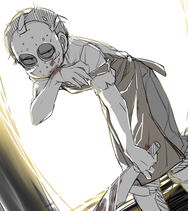 10s 1boy apron backlighting bad_id bad_twitter_id bent_over dutch_angle half-closed_eyes hockey_mask looking_at_viewer machete male_focus mask matsuno_ichimatsu messy_hair monochrome osomatsu-kun osomatsu-san osomatsu_(series) pants pants_rolled_up rian_(bdl) solo torn_clothes