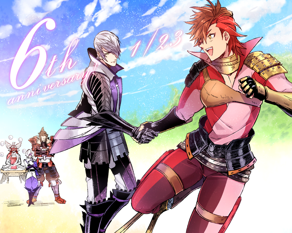 5boys :d armor blue_sky brown_hair feet_out_of_frame fingerless_gloves gloves green_eyes grey_hair hair_over_one_eye holding_hands ishida_mitsunari_(sengoku_basara) japanese_armor kkkaaaayyy leg_up looking_at_another male_focus multicolored_hair multiple_boys ootani_yoshitsugu_(sengoku_basara) open_mouth sengoku_basara shima_sakon_(sengoku_basara) short_hair shoulder_armor sky smile takenaka_hanbee_(sengoku_basara) toyotomi_hideyoshi_(sengoku_basara) two-tone_hair yellow_eyes