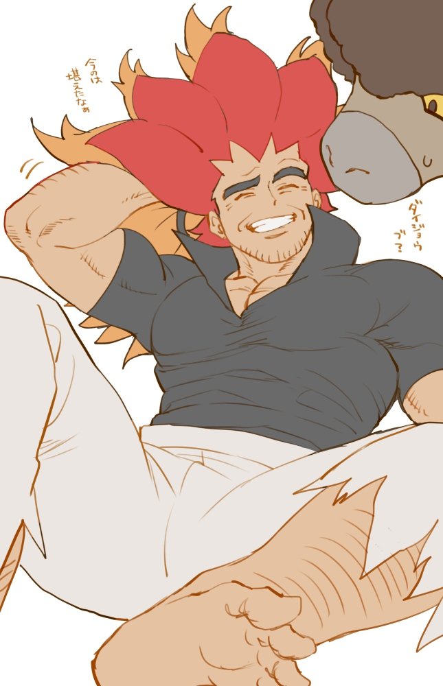 1boy alder_(pokemon) arm_behind_head arm_hair bara barefoot beard_stubble black_shirt bouffalant closed_eyes commentary_request facial_hair gen_5_pokemon grin leg_hair male_focus mature_male mismatched_eyebrows nintendo orange_hair pants pectoral_cleavage pectorals pokemon pokemon_(creature) pokemon_bw ponytail red_hair sanwari_(aruji_yume) shirt simple_background smile spiked_hair stubble tight_clothes tight_shirt torn_clothes torn_pants translation_request white_background white_pants