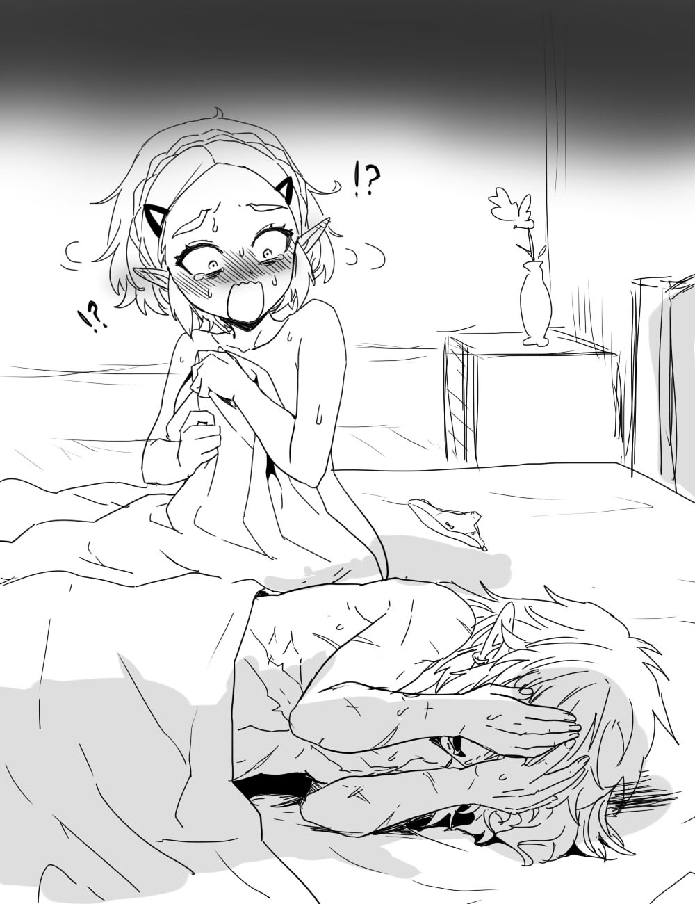 !? 1boy 1girl bed blush confused constricted_pupils covering_face covering_privates ear_blush earrings embarrassed hair_ornament hairclip hands_on_own_face highres implied_after_sex indoors jewelry link looking_at_another lying monochrome motion_lines multiple_scars nintendo nose_blush nude on_bed on_side pointy_ears princess_zelda raised_inner_eyebrows ruined_for_marriage scar sitting sketch sweat tearing_up the_legend_of_zelda the_legend_of_zelda:_tears_of_the_kingdom wasabi_(legemd)