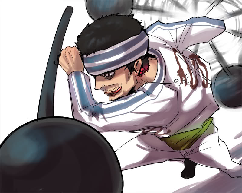 1boy black_hair east_blue fighting gin_(one_piece) headband jolly_roger male_focus one_piece pants simple_background solo tongue weapon white_pants