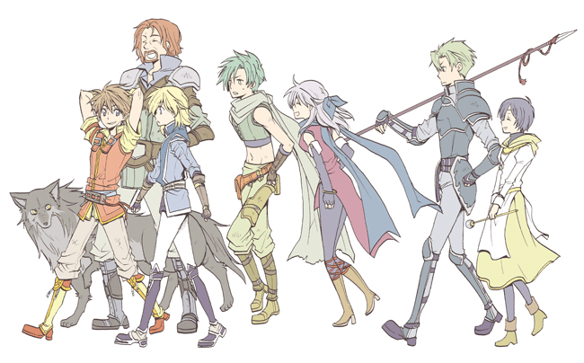 2girls 5boys aran_(fire_emblem) bare_shoulders black_gloves black_hair black_legwear blonde_hair blue_eyes blue_scarf brown_hair dress edward_(fire_emblem) fire_emblem fire_emblem:_radiant_dawn gloves green_hair half_updo laura_(fire_emblem) leonardo_(fire_emblem) long_sleeves micaiah_(fire_emblem) midriff multiple_boys multiple_girls nintendo nolan_(fire_emblem) pants pantyhose polearm ribbon scarf shoes short_hair side_slit silver_hair simple_background sleeveless sleeveless_dress smile sobayu_(chizuwa) sothe_(fire_emblem) spear volug_(fire_emblem) weapon white_background wolf
