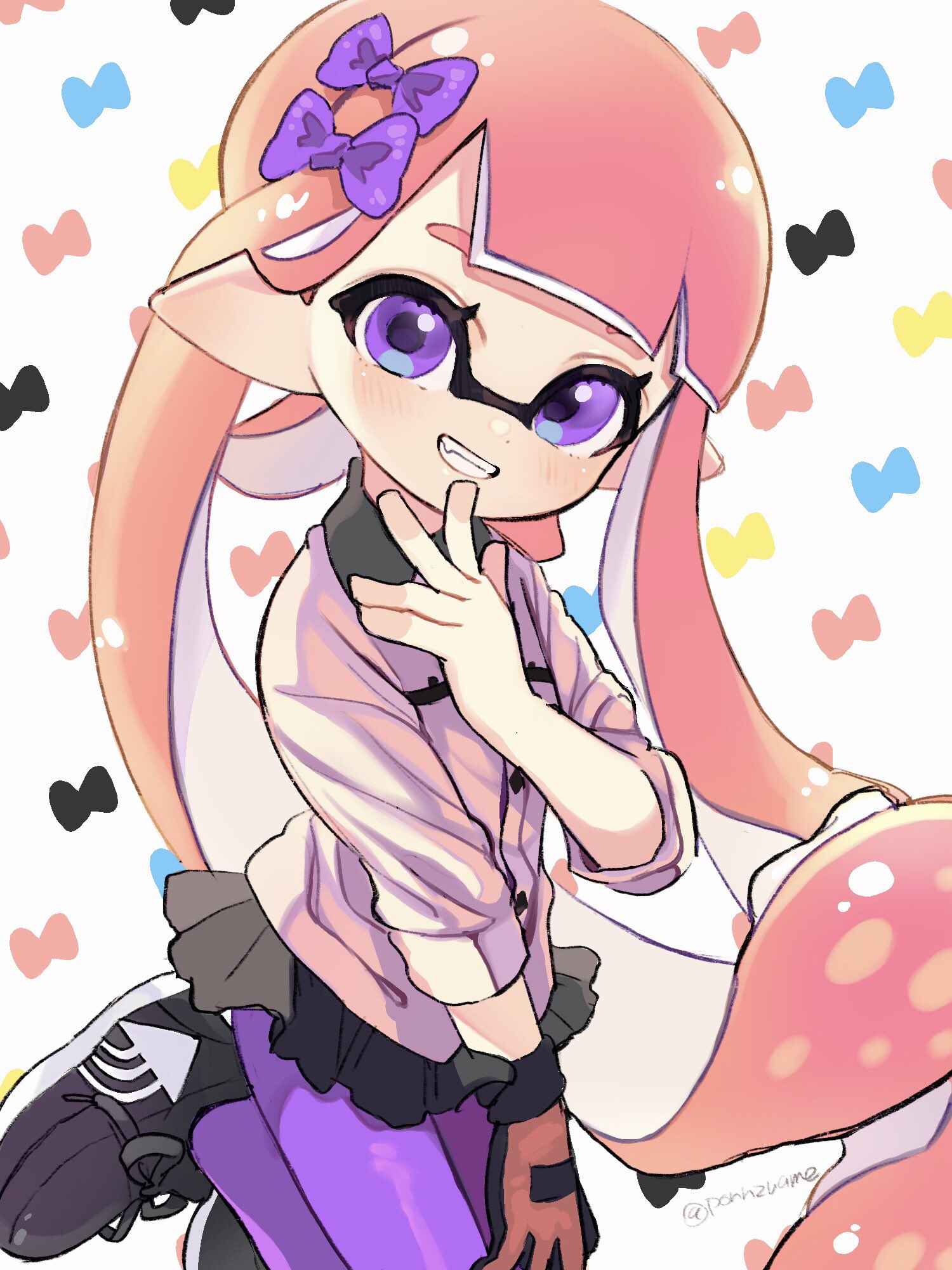 1girl amezawa_koma black_shoes black_skirt bow collared_shirt commentary_request dot_nose dress_shirt gloves grin hair_behind_ear hair_bow hand_on_own_chin highres inkling inkling_girl inkling_player_character long_hair looking_at_viewer miniskirt nintendo pantyhose pink_hair pink_shirt pointy_ears purple_bow purple_eyes purple_pantyhose red_gloves shirt shoes single_glove skirt smile sneakers solo splatoon_(series) tentacle_hair twintails white_background