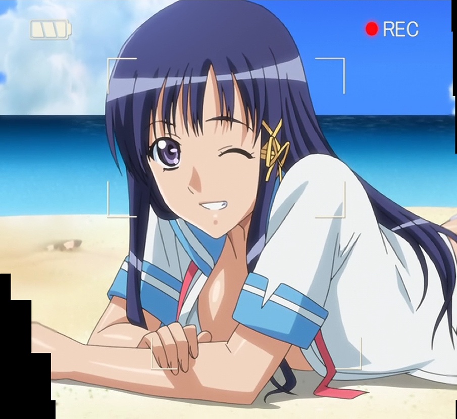15_bishoujo_hyouryuuki 1girl anime_screenshot beach blue_hair blue_sky breasts close-up female_focus grin long_hair lying medium_breasts no_bra on_stomach one_eye_closed open_clothes purple_eyes recording sand school_uniform sky smile solo stitched third-party_edit water wink yotsuya_kotoko