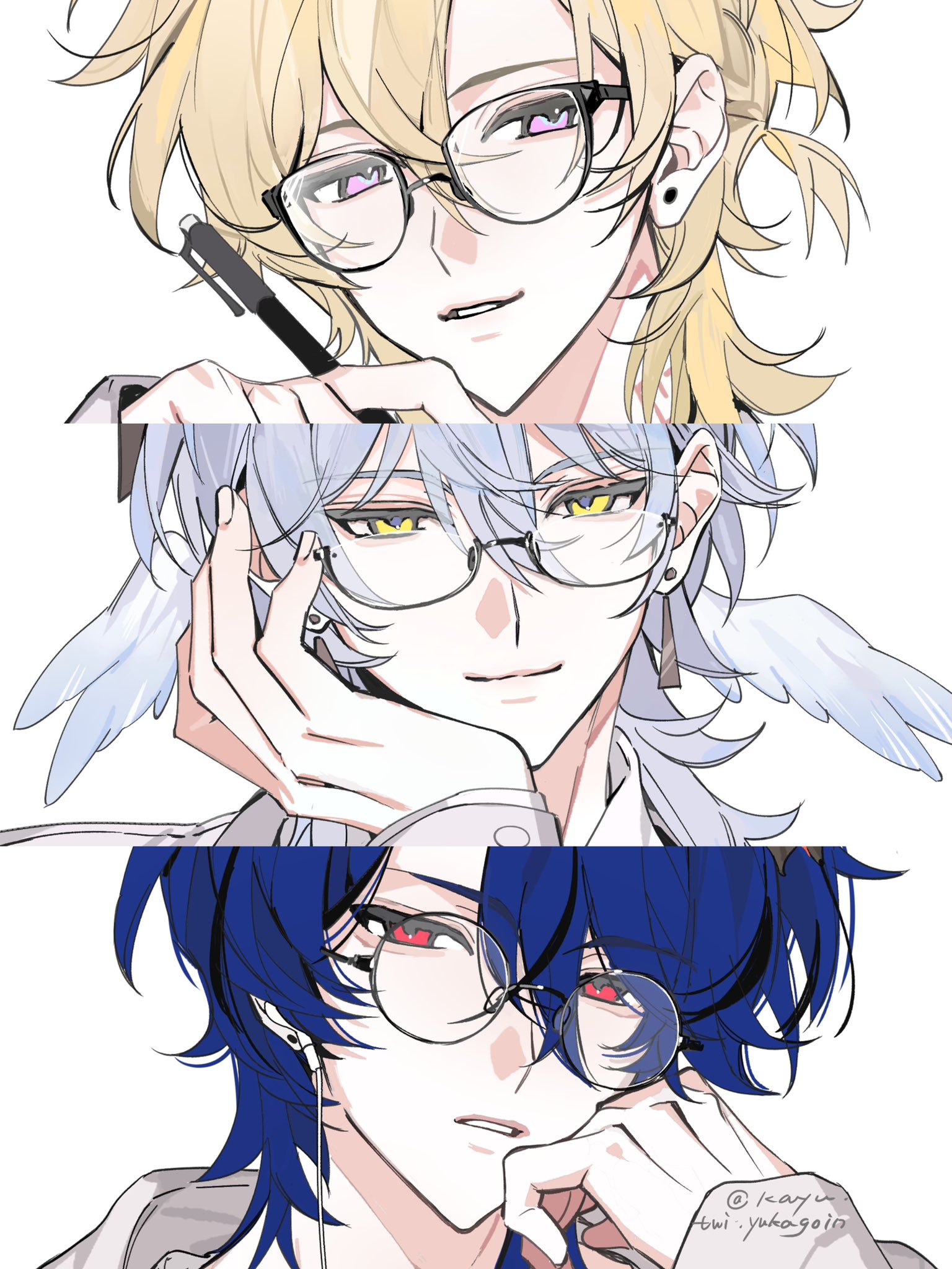 3boys aventurine_(honkai:_star_rail) bespectacled blonde_hair blue_hair dr._ratio_(honkai:_star_rail) ear_piercing glasses green_eyes grey_hair hand_up head_wings highres honkai:_star_rail honkai_(series) kayu_(yukagoin) multiple_boys parted_lips pen piercing purple_eyes red_eyes sunday_(honkai:_star_rail) upper_body wings