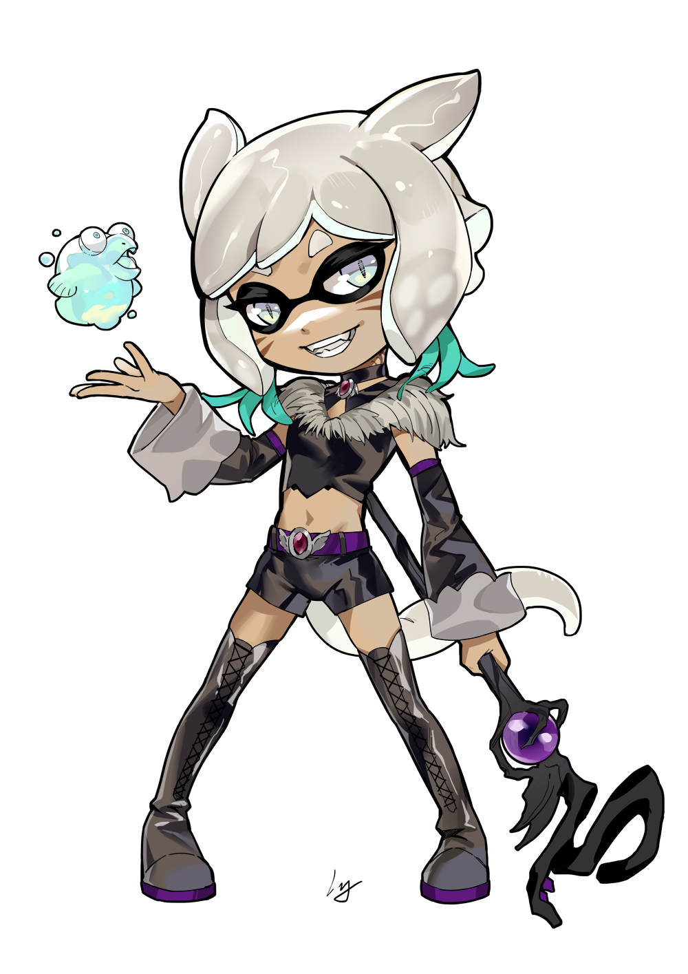 1girl black_boots black_choker black_shorts boots choker club3 detached_sleeves facial_mark final_fantasy final_fantasy_xiv grey_eyes grey_hair highres mage_staff midriff navel nintendo shorts smallfry_(splatoon) splatoon_(series) splatoonification teeth white_background y&#039;shtola_rhul