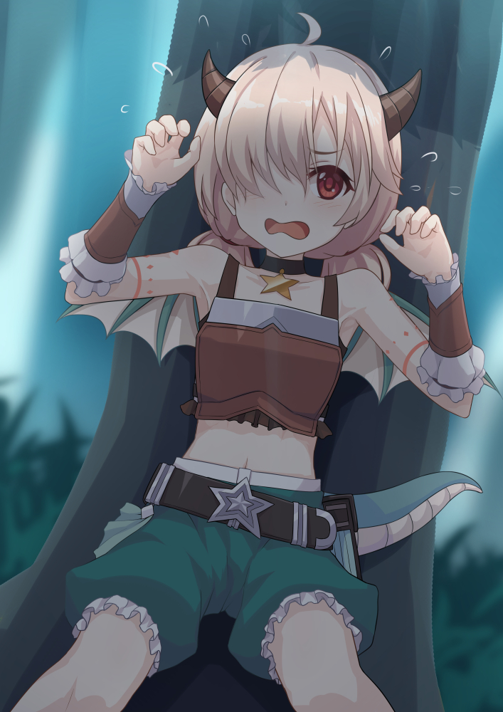 1girl ahoge belt dragon_girl dragon_horns dragon_tail dragon_wings hair_over_one_eye horns inori_(princess_connect!) light_brown_hair navel open_mouth princess_connect! puffy_shorts red_eyes shorts solo tail twintails umarutsufuri wings wrist_cuffs