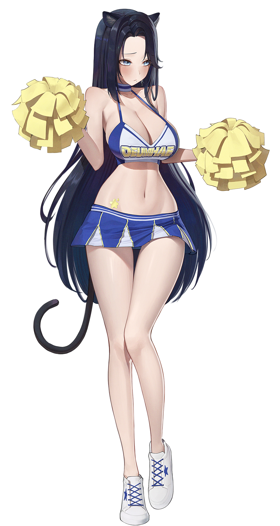 1girl animal_ears averting_eyes bare_shoulders blue_eyes blue_hair blush breasts cheerleader cleavage commentary dark_blue_hair full_body hantata highres large_breasts long_hair navel pleated_skirt pom_pom_(cheerleading) remind shoes simple_background skirt sneakers solo sports_bra star_sticker sticker_on_stomach stomach tail very_long_hair virtual_youtuber white_background white_shoes