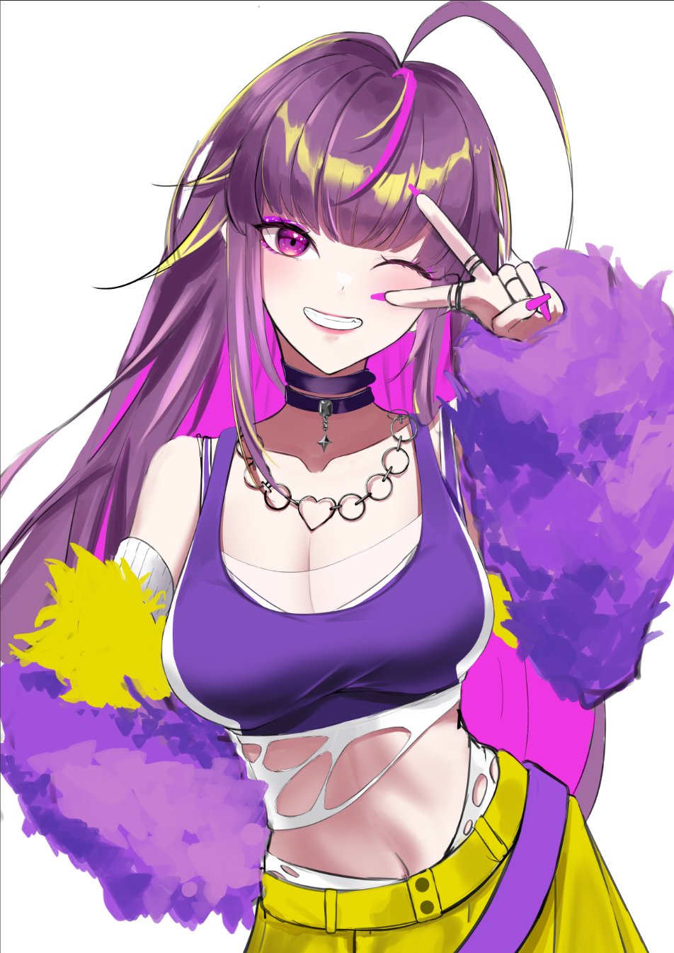 1girl blush breasts choker cleavage colored_inner_hair commentary_request cowboy_shot detached_sleeves fur_sleeves grin heart heart_necklace highres higimixy jewelry large_breasts long_hair looking_at_viewer midriff multicolored_hair nanashi_inc. navel necklace one_eye_closed purple_choker purple_eyes purple_hair purple_sleeves purple_sports_bra simple_background skirt smile solo sports_bra uruwashi_ririri v v_over_eye virtual_youtuber white_background yellow_skirt