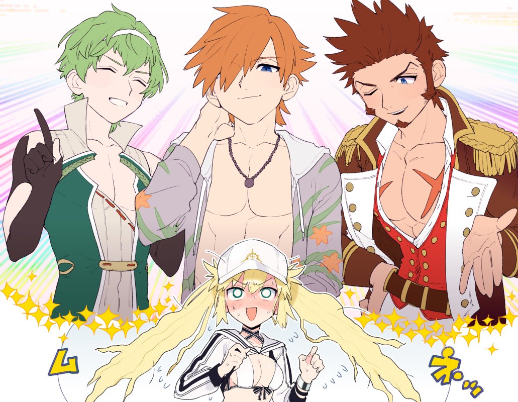 1girl 3boys artoria_caster_(fate) artoria_caster_(swimsuit)_(fate) artoria_caster_(swimsuit_berserker)_(fate) artoria_pendragon_(fate) beckoning blush david_(fate) embarrassed fate/grand_order fate_(series) hair_over_one_eye hetero index_finger_raised male_focus multiple_boys napoleon_bonaparte_(fate) one_eye_closed pectoral_cleavage pectorals robin_hood_(fate) robin_hood_(summer_hunter)_(fate) shitappa toned toned_male trembling upper_body