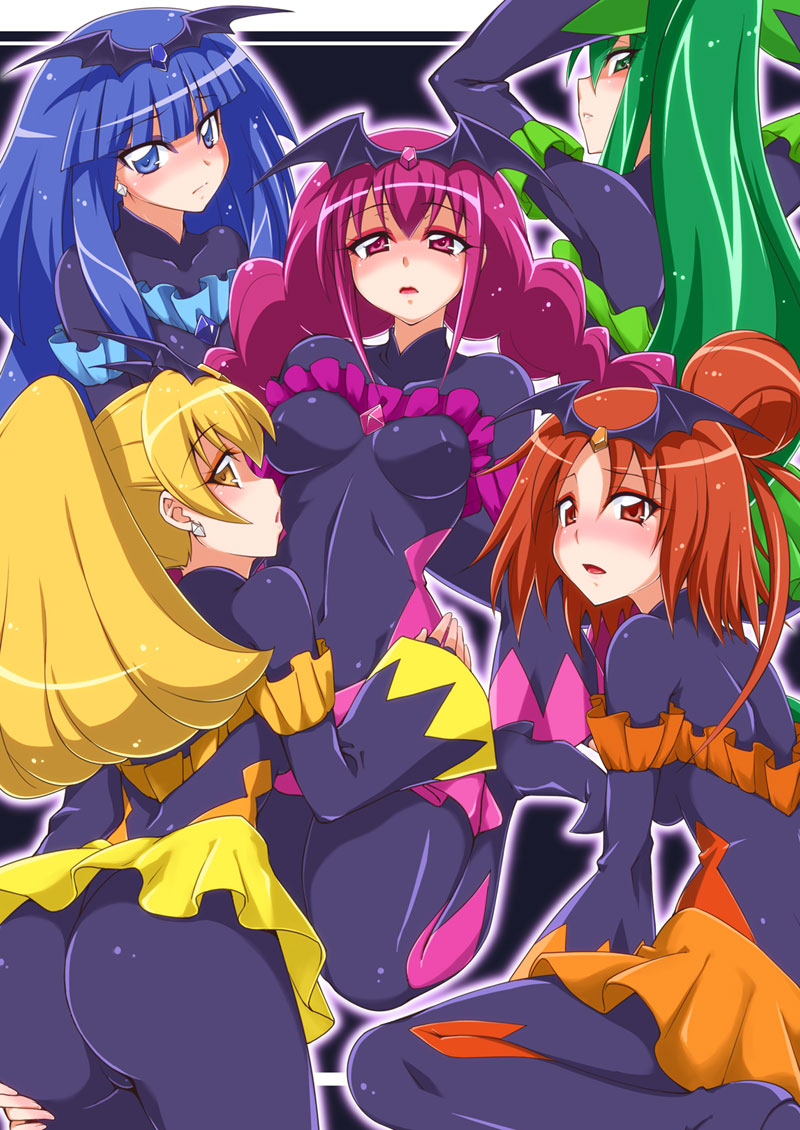 10s 5girls :o arms_up ass bad_end_beauty bad_end_happy bad_end_march bad_end_peace bad_end_precure bad_end_sunny bat_wings black_bodysuit blonde_hair blue_eyes blue_hair blush bodysuit breasts covered_navel dark_persona earrings fingerless_gloves frills from_behind gloves green_eyes green_hair jewelry kneeling long_hair looking_back medium_breasts mikagami_sou multiple_girls pink_eyes pink_hair ponytail precure red_eyes red_hair short_hair sitting skirt smile_precure! tiara very_long_hair wings yellow_eyes