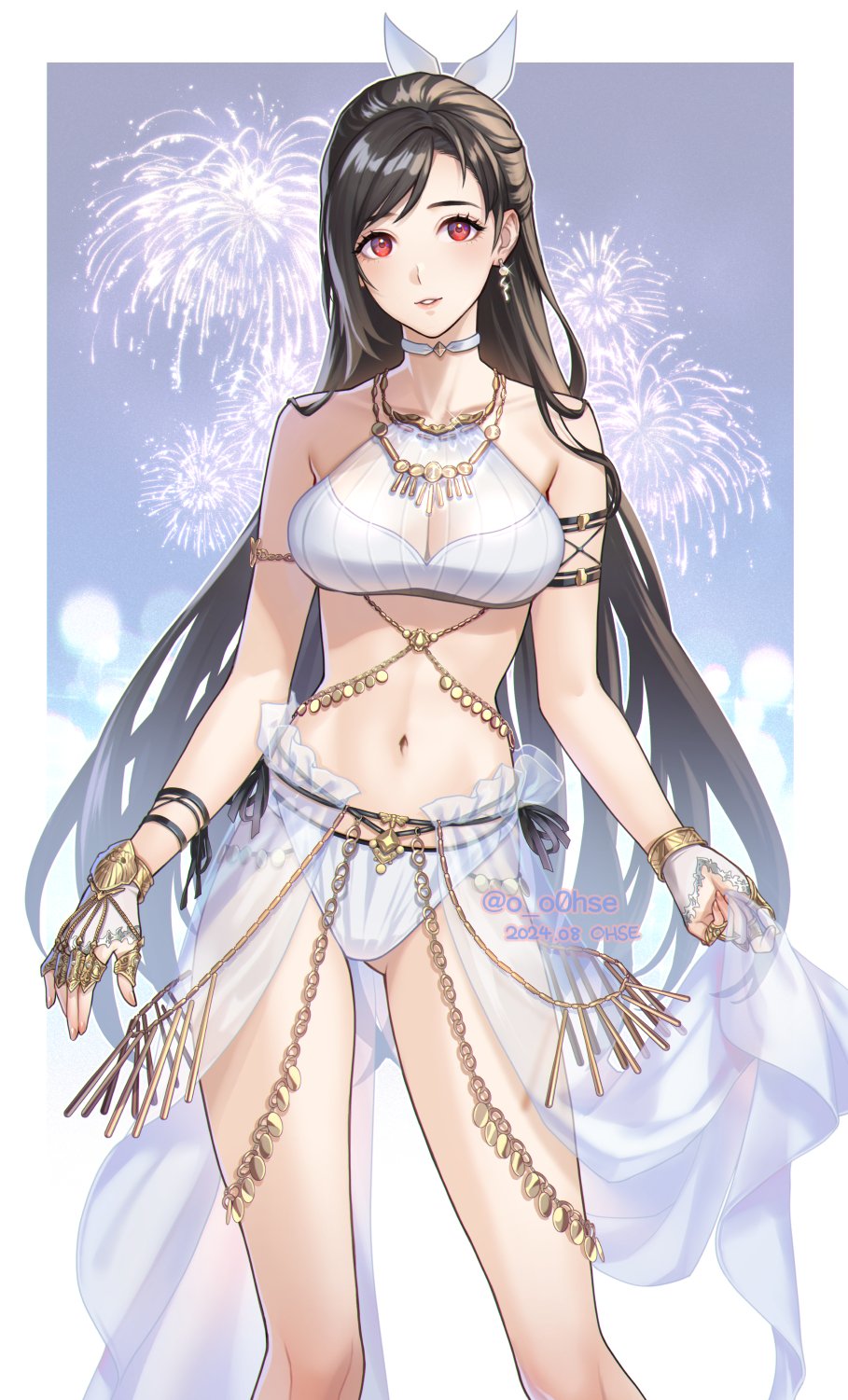 belly_chain bikini bikini_skirt black_hair breasts brown_eyes final_fantasy final_fantasy_vii final_fantasy_vii_ever_crisis fireworks gluteal_fold highres jewelry large_breasts long_hair necklace official_alternate_costume official_alternate_hairstyle ohse parted_lips see-through_clothes see-through_skirt skirt smile standing swimsuit thigh_gap tifa_lockhart tifa_lockhart_(passion_mermaid) white_bikini