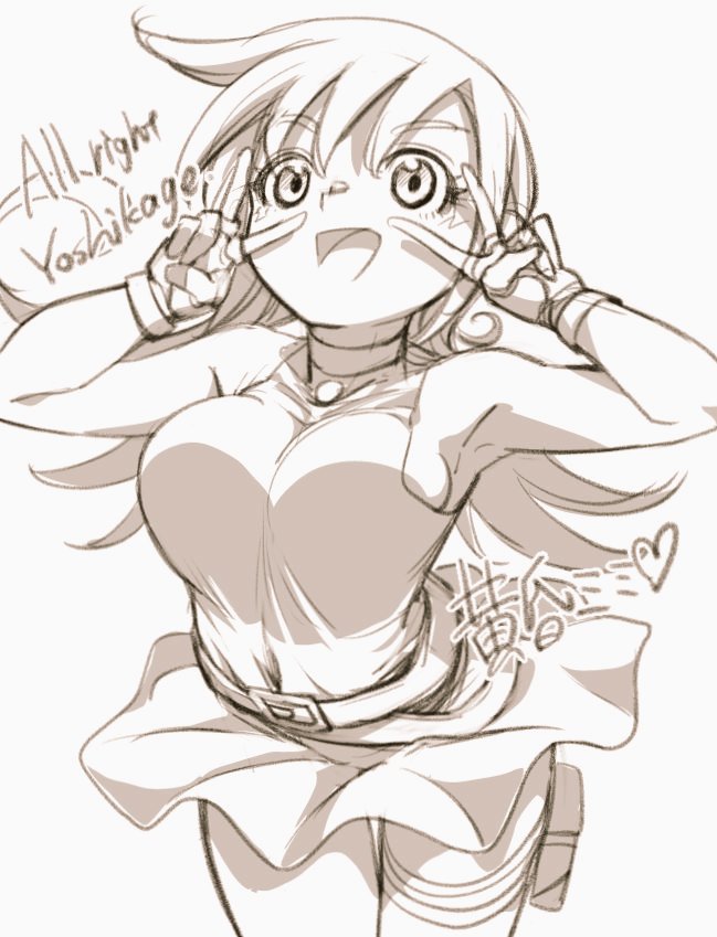 1girl belt breasts double_v dress duel_masters fingerless_gloves gloves greyscale long_hair looking_at_viewer medium_breasts monochrome open_mouth pouch short_dress simple_background sleeveless smile solo standing tasogare_mimi thigh_pouch v white_background yoshikage_(yo4kage)