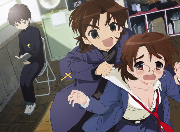 3boys bad_id bad_pixiv_id brown_hair cross derivative_work eyebrows fate/stay_night fate/tiger_colosseum fate/zero fate_(series) forked_eyebrows glasses kotomine_kirei male_focus multiple_boys multiple_persona parody reading samel10 ssam_(samel10) style_parody suzumiya_haruhi_no_yuuutsu thick_eyebrows