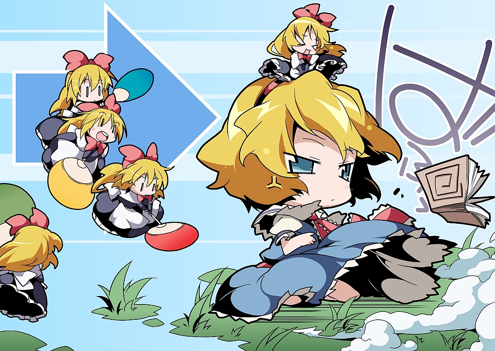 &gt;_&lt; 5girls alice_margatroid angry blonde_hair blue_eyes capelet chibi doll closed_eyes female_focus full_body hand_fan multiple_girls nyuusankin plant shanghai_doll sitting solo touhou translation_request wind