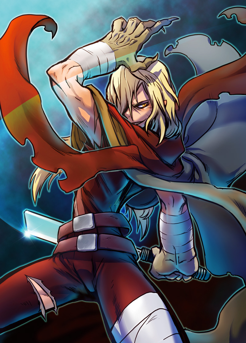00s 1boy bandages belt blonde_hair claws cleaver hair_over_one_eye male_focus oversized_limbs rebasashi scarf sharp_teeth smirk solo teeth tengen_toppa_gurren_lagann viral_(ttgl) weapon yellow_eyes