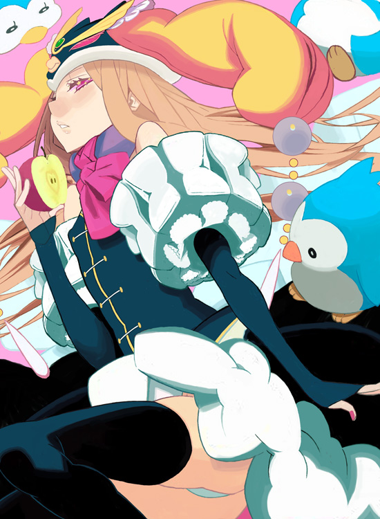 1girl apple ass bare_shoulders bird black_gloves black_thighhighs blonde_hair elbow_gloves food fruit gloves hat leotard long_hair mawaru_penguindrum parted_lips penguin penguin_1-gou penguin_2-gou penguin_3-gou princess_of_the_crystal purple_eyes thighhighs yuuki_(irodo_rhythm)