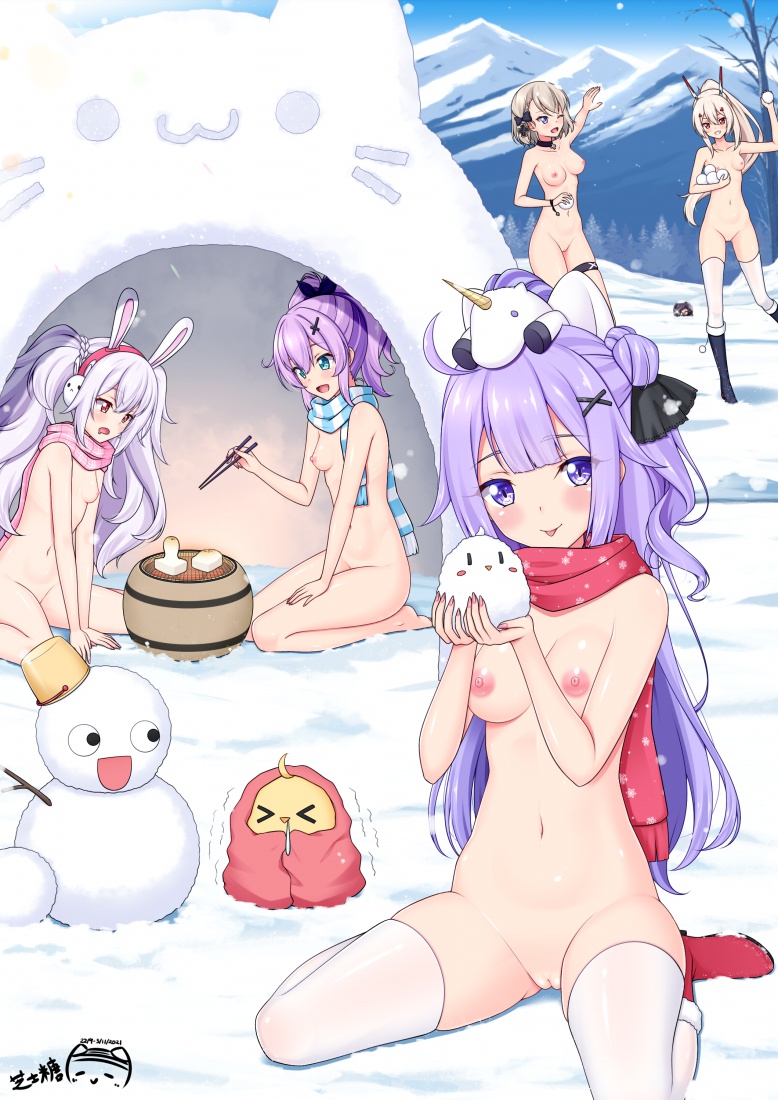 5girls animal_ears ayanami_(azur_lane) azur_lane barefoot bird blanket breasts bucket bucket_on_head censored chicken cleft_of_venus cooking fake_animal_ears feet hair_ornament headgear igloo javelin_(azur_lane) laffey_(azur_lane) long_hair mosaic_censoring multiple_girls naked_scarf nipples nude object_on_head open_mouth ppshex purple_eyes purple_hair rabbit_hair_ornament scarf sitting snot snow snow_shelter snowball snowman thighhighs tree unicorn unicorn_(azur_lane) wariza z23_(azur_lane)