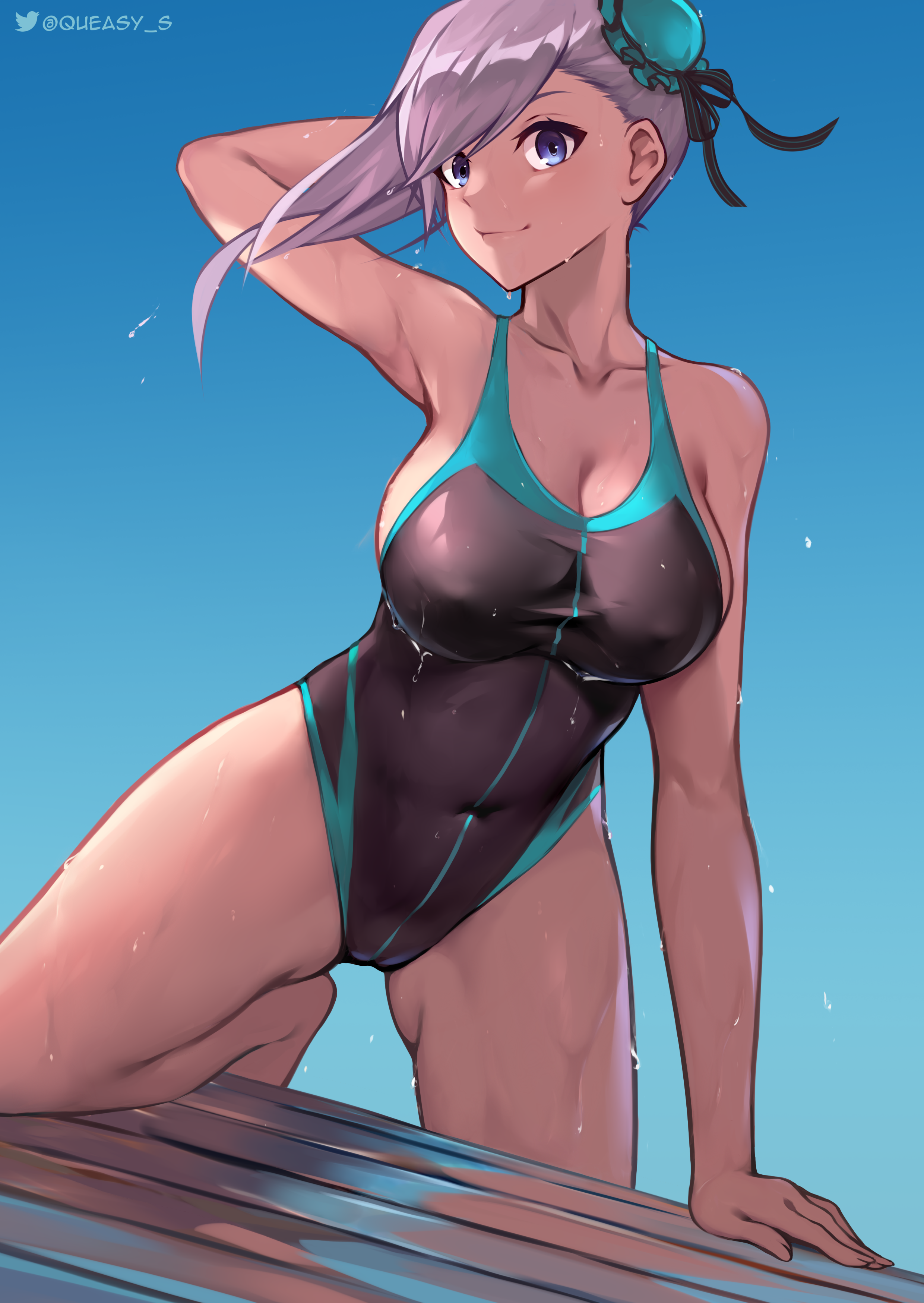 1girl absurdres arm_behind_head arm_support arm_up asymmetrical_hair bare_arms blue_eyes breasts bun_cover cameltoe cleavage collarbone competition_swimsuit covered_erect_nipples covered_navel dutch_angle fate/grand_order fate_(series) grey_hair hair_bun highres large_breasts leaning_forward leg_support looking_to_the_side miyamoto_musashi_(fate) miyamoto_musashi_(fate/grand_order) miyamoto_musashi_(swimsuit_berserker)_(fate) miyamoto_musashi_(swimsuit_berserker)_(first_ascension)_(fate) one-piece_swimsuit queasy_s single_side_bun sky smile solo standing swimsuit twitter_logo twitter_username two-tone_swimsuit wet wet_clothes wet_swimsuit