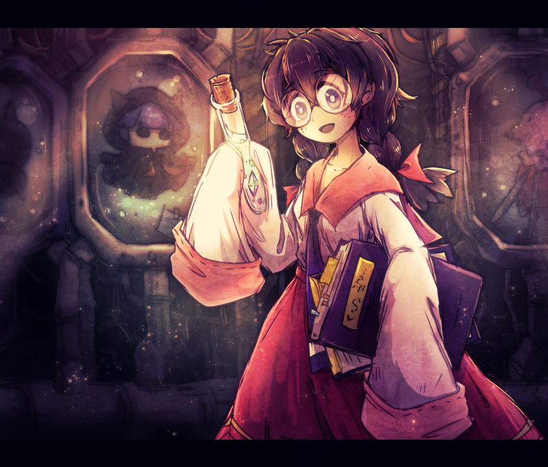 1girl black_eyes black_hair book braid crystal freckles glasses hands_in_opposite_sleeves keke_(kirby) kirby_(series) kirby_64 letterboxed long_sleeves messy_hair nanami_(13mimi) nintendo ribbon_(kirby) ripple_star_queen round_eyewear sleeves_past_wrists smile twin_braids