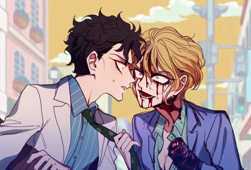 1boy 1girl black_hair blonde_hair blood blood_on_clothes blood_on_face blurry blurry_background breasts cleavage clothes_grab commentary_request crazy_eyes crazy_smile diamond_wa_kudakenai exposed_bone genderswap genderswap_(mtf) jojo_no_kimyou_na_bouken kawajiri_kosaku kira_yoshikage medium_breasts missing_limb necktie necktie_grab neckwear_grab purple_eyes sempon_(doppio_note) smile sweat sweatdrop traffic_light