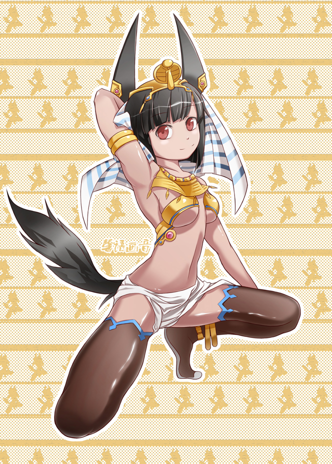 1girl ancient_egyptian animal_ears anklet anubis_(mythology) bare_shoulders black_hair breasts cleavage dog_ears dog_tail egyptian_mythology female_focus gold jackal_ears jackal_girl jackal_tail jewelry kneeling lots_of_jewelry midriff red_eyes small_breasts solo tail thighhighs xin_yu_hua_yin zxyon2008