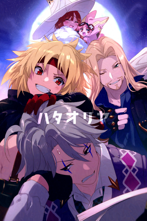 2boys 3girls alternate_eye_color beard black_gloves black_jacket blonde_hair blue_shirt blush closed_eyes commentary_request echo_(circa) facial_hair fate/grand_order fate_(series) fingerless_gloves gloves green_eyes grin habetrot_(fate) hat head_rest hug jacket james_moriarty_(ruler)_(fate) long_hair looking_at_viewer makeup mini_person minigirl miss_crane_(fate) miss_crane_(second_ascension)_(fate) moon mordred_(fate) multiple_boys multiple_girls mustache one_eye_closed open_clothes open_jacket pink_headwear red_eyes red_gloves red_hair shirt short_hair size_difference smile teeth translation_request twitter_username vlad_iii_(fate/apocrypha) white_hair white_headwear