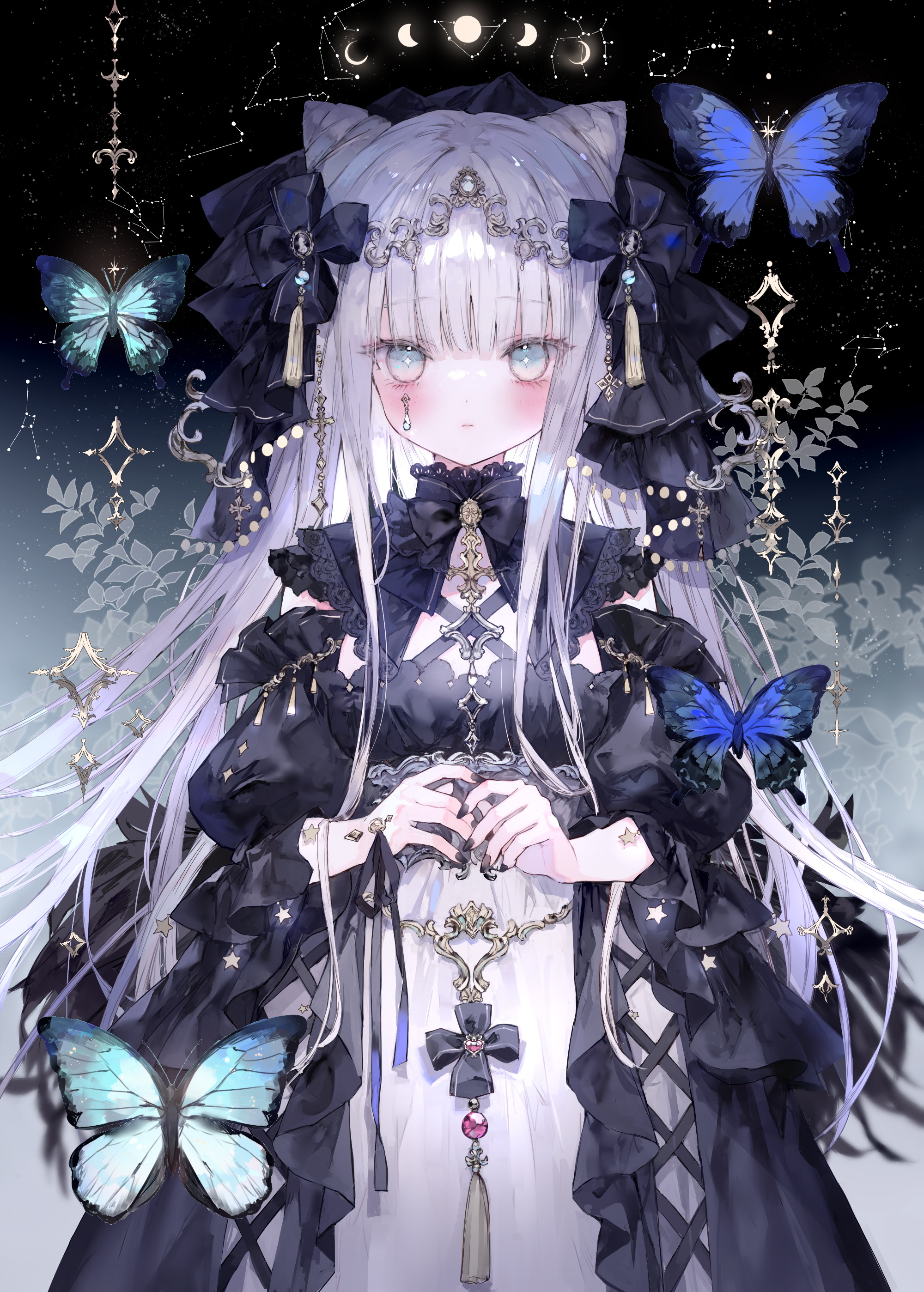 1girl absurdres animal aqua_butterfly aquarius_(constellation) aries_(constellation) black_dress black_nails black_sleeves blue_butterfly breasts bug butterfly cancer_(constellation) capricorn_(constellation) closed_mouth commentary cone_hair_bun constellation crescent_moon detached_sleeves dress english_commentary full_moon grey_eyes grey_hair hair_bun highres insect leo_(constellation) libra_(constellation) long_hair long_sleeves moon moon_phases nail_polish new_moon onineko original own_hands_together pisces_(constellation) puffy_long_sleeves puffy_sleeves sagittarius_(constellation) scorpius_(constellation) small_breasts solo taurus_(constellation) very_long_hair virgo_(constellation) zodiac