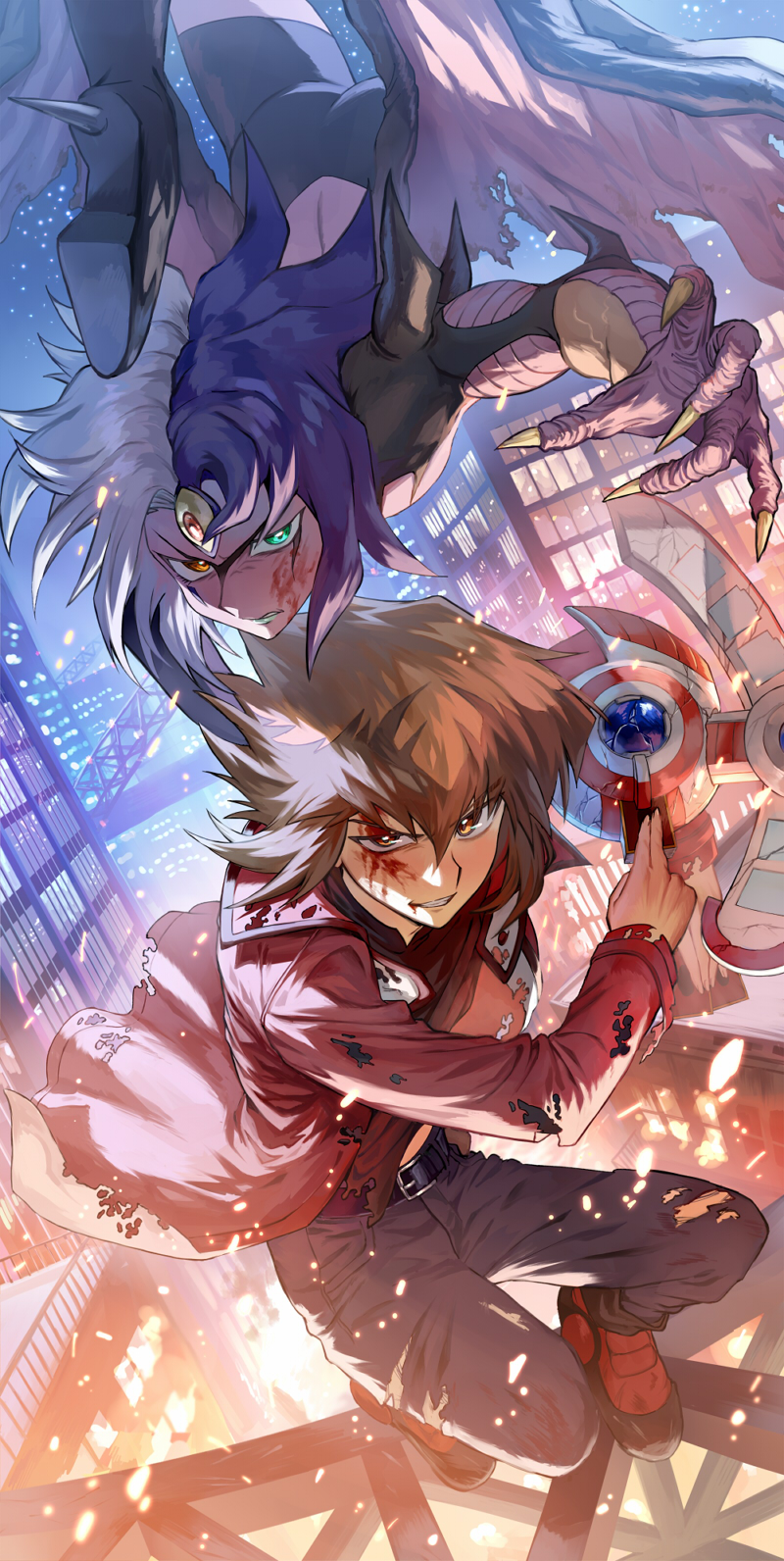 1boy 1other blood blood_on_face brown_eyes brown_hair building card colored_sclera colored_skin deck_of_cards duel_disk fire green_eyes grey_hair heterochromia highres holding holding_card jacket medium_hair multicolored_hair night orange_eyes purple_hair purple_skin red_jacket skyscraper third_eye trading_card two-tone_hair wantetsusima yellow_sclera yu-gi-oh! yu-gi-oh!_gx yubel yuki_judai