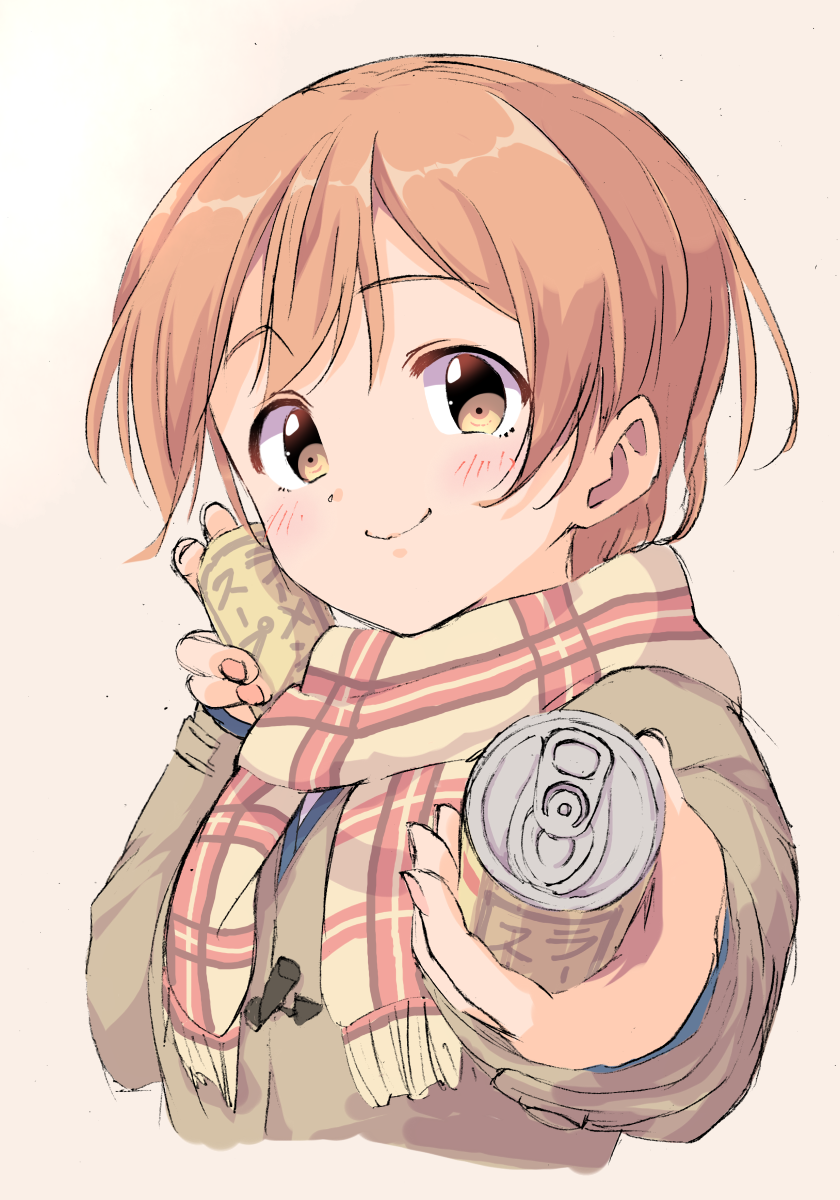 1girl blush brown_jacket can can_to_cheek closed_mouth cropped_torso drink_can highres holding holding_can hoshizora_rin incoming_food jacket long_sleeves looking_at_viewer love_live! love_live!_school_idol_project orange_eyes orange_hair plaid_clothes plaid_scarf scarf sen_(sen0910) short_hair smile solo split_mouth upper_body yellow_scarf