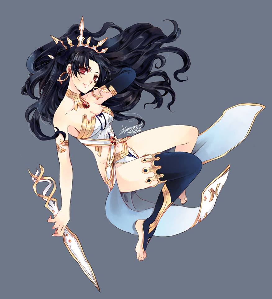 1girl armlet asymmetrical_legwear bikini black_hair black_thighhighs breasts cleavage commentary detached_collar earrings fate/grand_order fate_(series) full_body grey_background holding holding_knife ishtar_(fate) jewelry knife long_hair red_eyes signature simple_background single_thighhigh solo swimsuit thighhighs toeless_legwear zanael