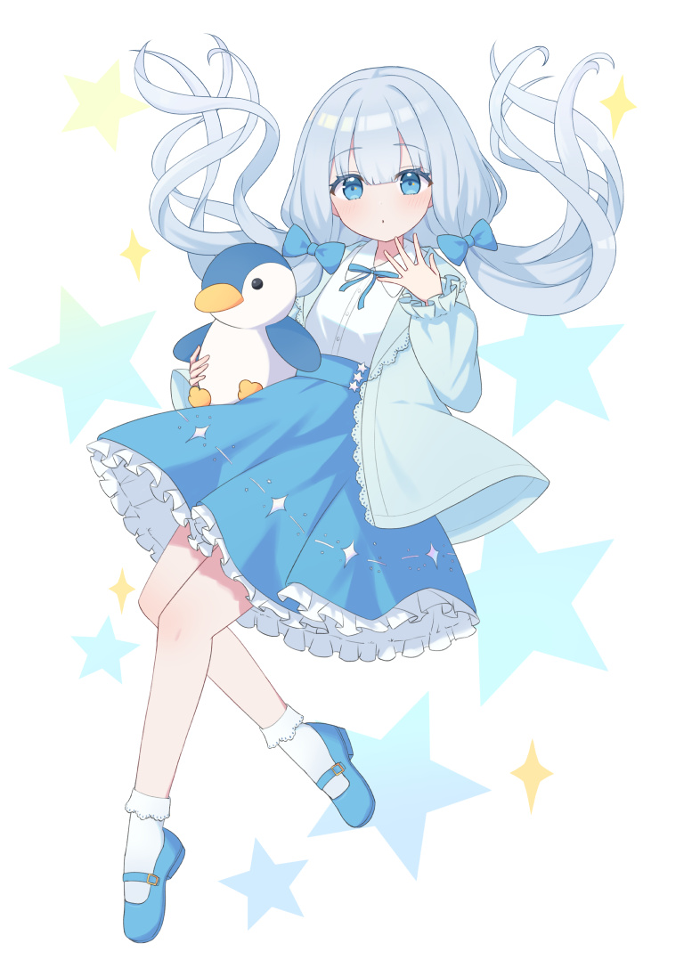 1girl blue_bow blue_eyes blue_ribbon blue_shoes blue_skirt bow frilled_jacket frilled_skirt frilled_socks frills full_body furutori hair_bow high-waist_skirt holding holding_stuffed_toy jacket long_hair looking_at_viewer low_twintails mary_janes neck_ribbon open_clothes open_jacket original parted_lips ribbon shirt shoes skirt socks solo sparkle star_(symbol) star_symbol_background stuffed_animal stuffed_penguin stuffed_toy twintails very_long_hair white_background white_hair white_jacket white_shirt white_socks