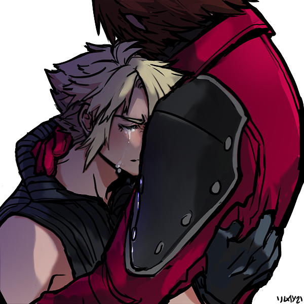 alternate_universe armor black_gloves black_vest blonde_hair brown_hair clothes_grab cloud_strife coat comforting commentary crisis_core_final_fantasy_vii crying english_commentary final_fantasy final_fantasy_vii final_fantasy_vii_advent_children furrowed_brow genesis_rhapsodos gloves hand_on_another&#039;s_back hand_on_another&#039;s_neck height_difference medium_hair pauldrons red_coat red_gloves rimuinart sad short_hair shoulder_armor signature spiked_hair vest white_background yaoi
