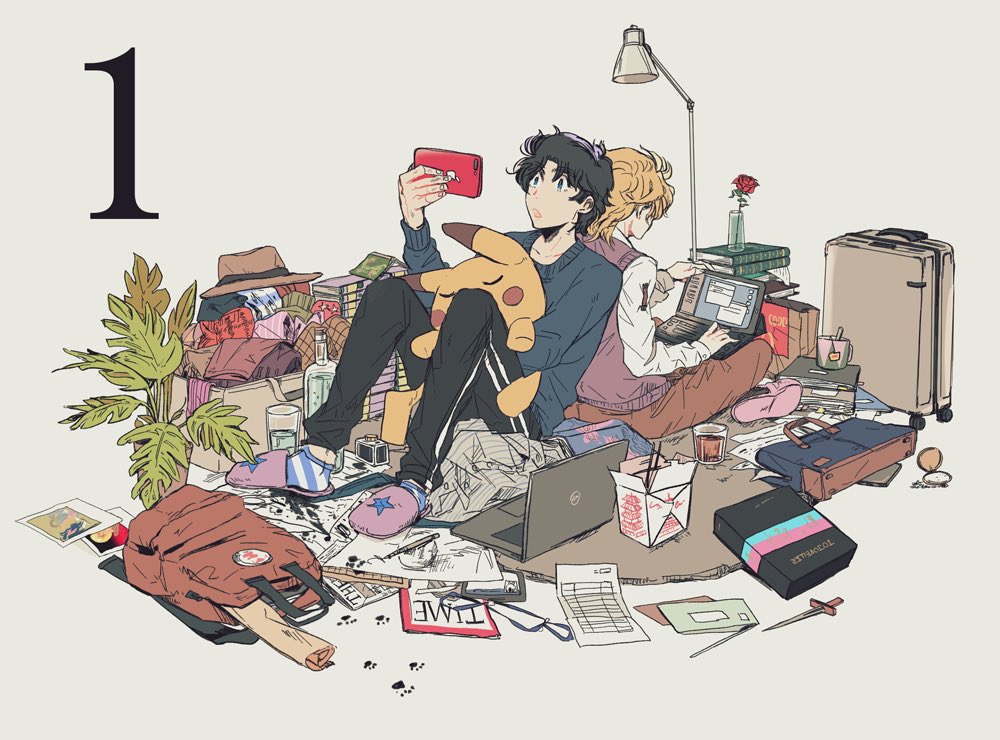2boys bag black_hair black_pants blue_sweater book book_stack bottle brown_pants computer dio_brando fedora flower gen_1_pokemon glass hat holding holding_laptop holding_phone holding_stuffed_toy indian_style ink inkwell jojo_no_kimyou_na_bouken jonathan_joestar knees_up knife lamp laptop long_sleeves messy messy_room monstera_deliciosa motunikomi multiple_boys nintendo oyster_pail pants pencil phone photo_(object) pikachu pink_slippers plant pocket_watch pokemon potted_plant red_flower red_rose rolled_up_paper rolling_suitcase rose shirt sitting slippers socks striped_clothes striped_socks stuffed_toy suitcase sweater sweater_vest time_(magazine) watch white_shirt