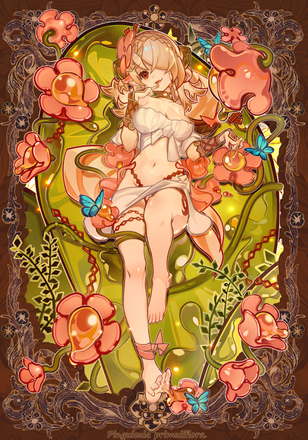 1girl ankle_ribbon blue_butterfly bracelet breasts bug butterfly circlekos cleavage collarbone duel_monster flower front-tie_top hair_flower hair_ornament hair_over_one_eye insect jewelry large_breasts leg_ribbon long_hair lying midriff monster_girl navel nectar on_back pink_flower pink_hair pink_ribbon plant plant_girl red_eyes ribbon solo thighs traptrix_pinguicula yu-gi-oh!