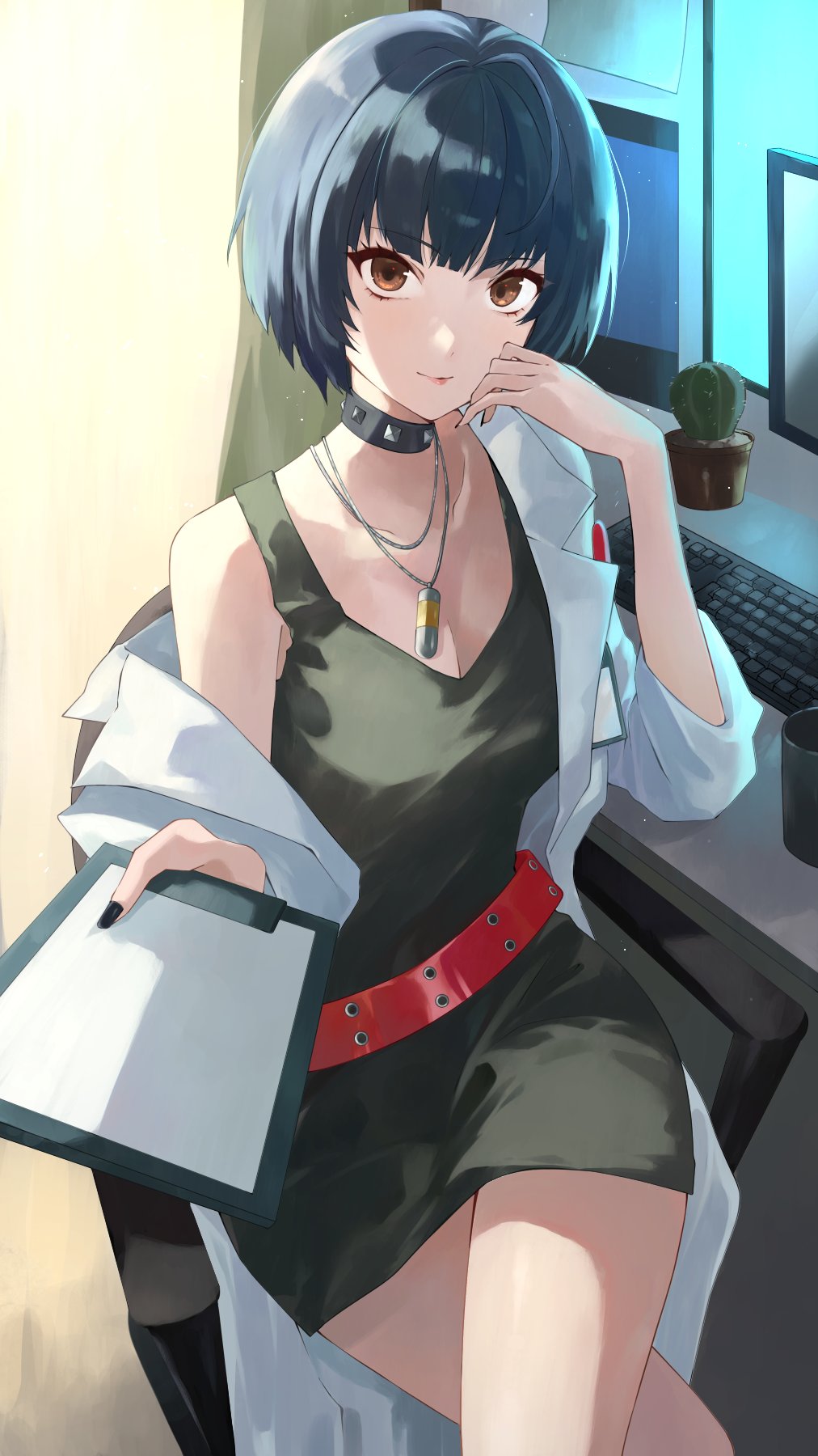 1girl belt black_choker black_dress black_hair black_nails breasts brown_eyes cactus choker cleavage coat crossed_legs dress fingernails hand_on_own_face highres holding_binder indoors jewelry konchi_(63438789) lab_coat open_clothes open_coat pendant persona persona_5 reaching reaching_towards_viewer red_belt short_hair sitting smile solo takemi_tae white_coat