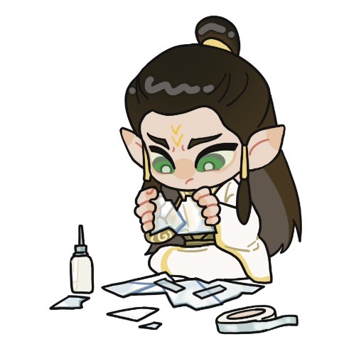 1boy brown_hair chinese_clothes chinese_commentary facial_mark forehead_mark frown full_body glass_shard glue green_eyes hanfu holding_glass_shard lascorpio long_hair long_sleeves looking_down low-tied_sidelocks lowres lutong_(nezha_zhi_motong_jiangshi) male_focus nezha_zhi_motong_jiangshi pointy_ears sidelocks simple_background sitting solo tape topknot white_background white_hanfu wide_sleeves