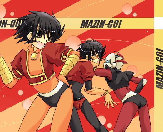 1970s_(style) 3boys broccoli_(company) duke_fleed ga_rune_pose galaxy_angel galaxy_angel_rune great_mazinger grendizer kabuto_kouji male_focus mazinger_(series) mazinger_z multiple_boys retro_artstyle parody retro_artstyle sideburns tsurugi_tetsuya ufo_robo_grendizer