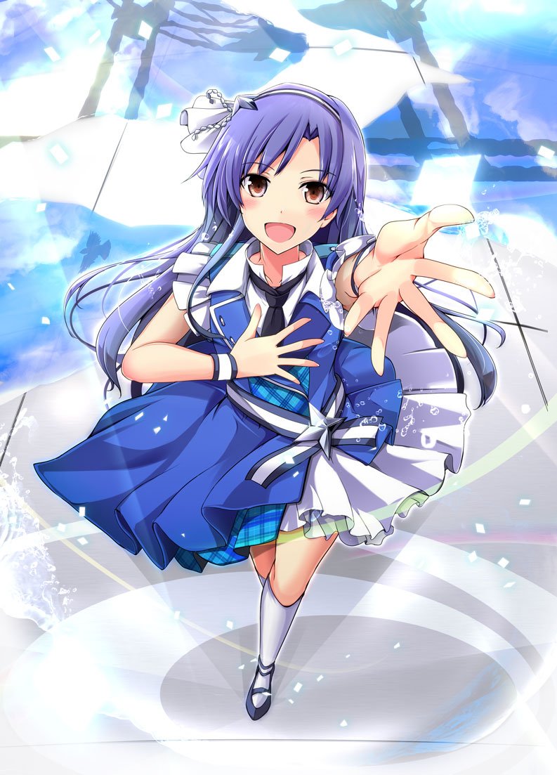 1girl ascot black_ascot black_shoes blue_dress blue_hair brown_eyes commentary_request dress frilled_dress frills from_above hairband hand_on_own_chest idolmaster idolmaster_(classic) kiki_(koikuchikinako) kisaragi_chihaya kneehighs long_hair open_mouth reaching reaching_towards_viewer shoes smile socks solo white_hairband white_socks wristband