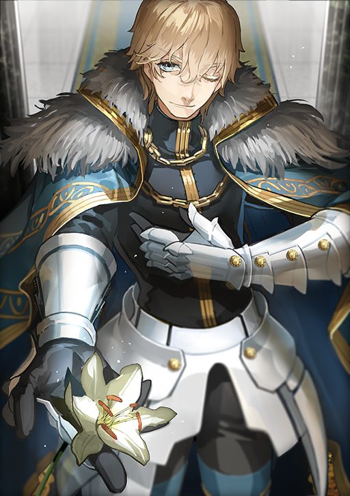 1boy ;) aiguillette armor armored_gloves asymmetrical_legwear black_gloves black_pants black_shirt blonde_hair blue_eyes cape closed_mouth cowboy_shot fate/grand_order fate_(series) faulds flower flower_request from_above fur-trimmed_cape fur_trim gawain_(fate) gloves glowing glowing_sword glowing_weapon green_cape green_eyes hair_between_eyes hand_on_own_chest holding holding_flower looking_at_viewer male_focus mismatched_legwear official_art one_eye_closed pants shirt short_hair smile solo standing third-party_source turtleneck wada_arco weapon