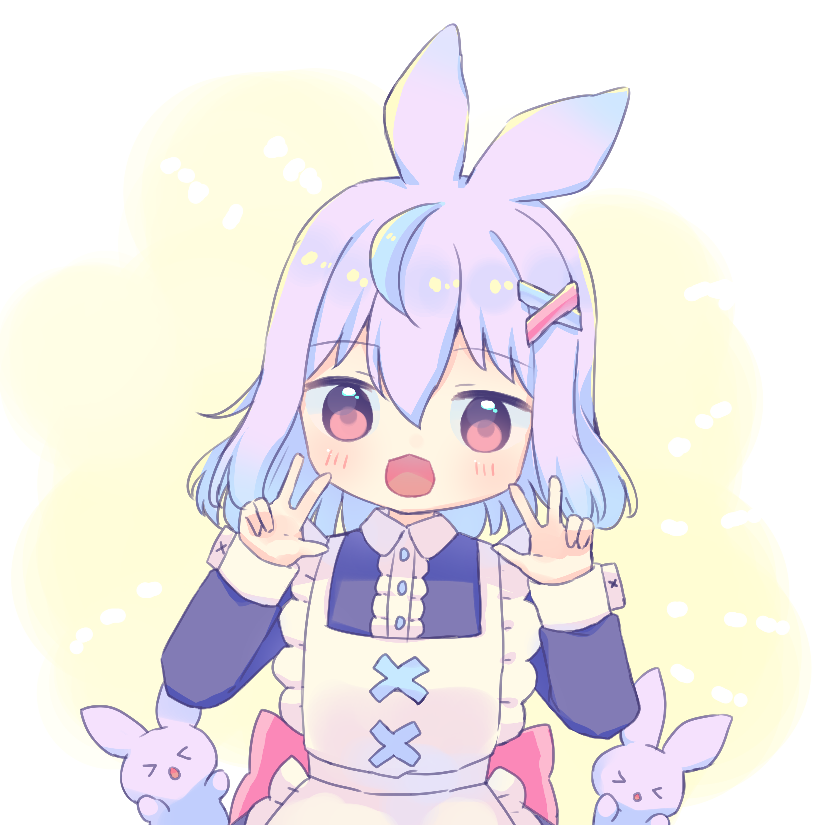 1girl absurdres alternate_costume animal_ears apron back_bow blue_dress blue_hair blush bow brown_eyes center_frills chibi commentary double_w dress enmaided frilled_apron frills gradient_hair hair_between_eyes hair_ornament hands_up highres hyogayome_(artist) hyogayome_(vtuber) indie_virtual_youtuber kangaroo kangaroo_ears kangaroo_girl light_blue_hair long_sleeves looking_at_viewer maid maid_apron medium_hair multicolored_hair open_mouth pink_bow purple_hair self-portrait symbol-only_commentary two-tone_hair virtual_youtuber w white_apron x_hair_ornament
