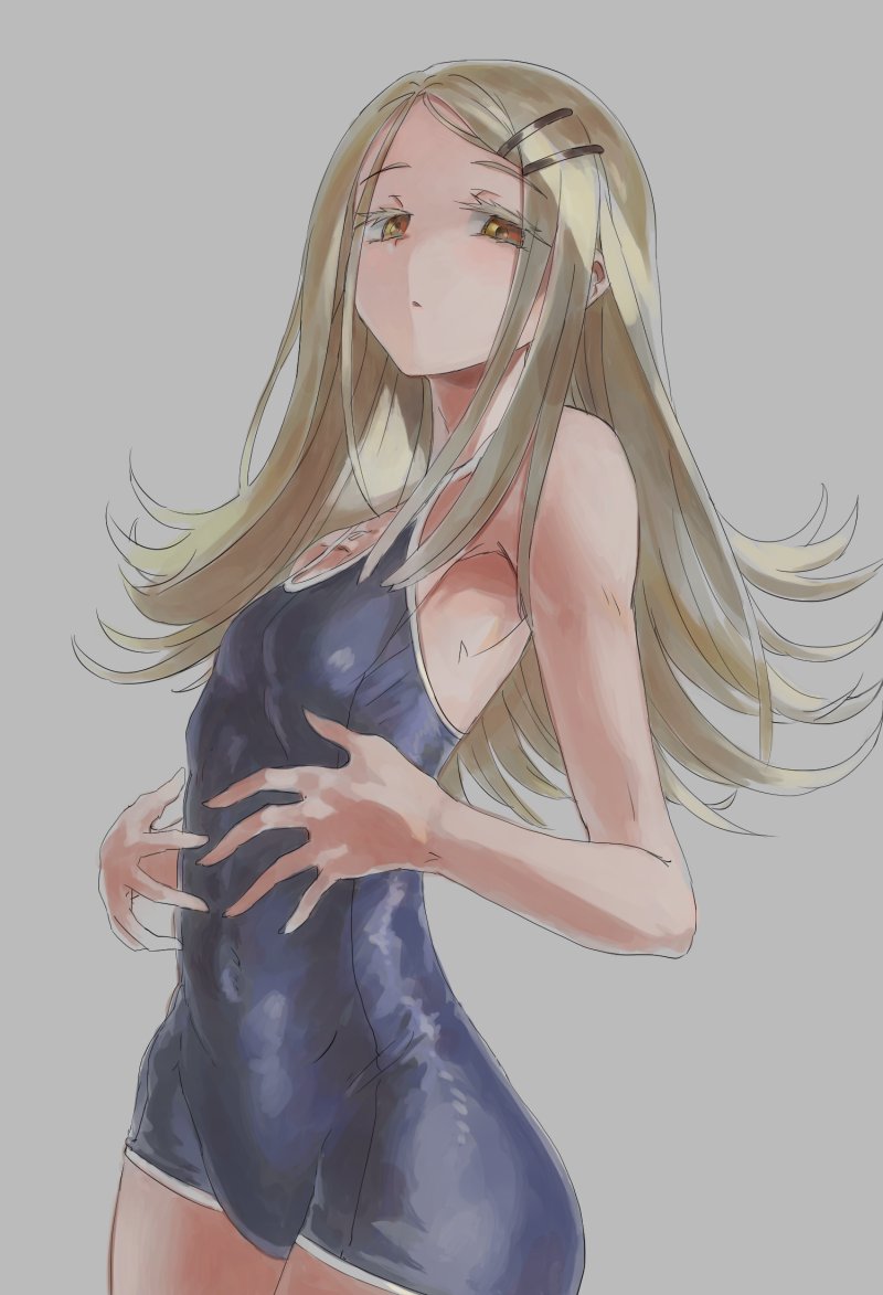 1girl bare_arms bare_shoulders blonde_hair blue_one-piece_swimsuit breasts colored_eyelashes covered_navel cowboy_shot gakuen_idolmaster hair_ornament hairpin idolmaster light_brown_hair linen_hair long_hair looking_at_viewer multiple_hairpins one-piece_swimsuit orange_eyes parted_lips school_swimsuit shinosawa_hiro simple_background small_breasts solo swimsuit vaison yellow_eyes