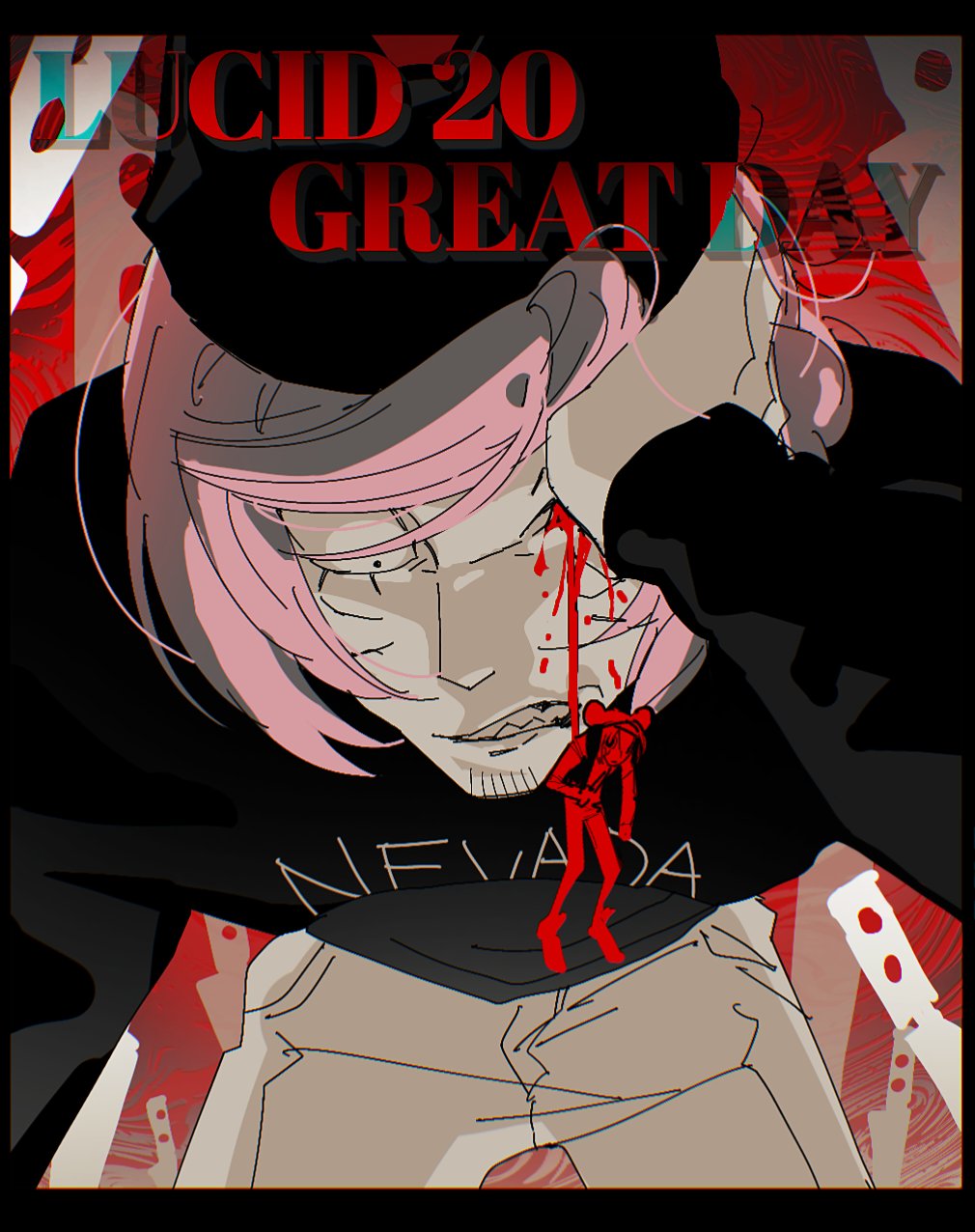 2boys animal_hat black_sweater bleeding blood bloody_tears cat_hat clenched_teeth english_text facial_hair facial_mark fried_shrimp19 hand_over_eye hat highres injury knife letterboxed male_focus multiple_boys nyen_(randal&#039;s_friends) pink_hair present_day_problem_takeuchi_robert randal&#039;s_friends red_background sharp_teeth short_hair sitting stubble sweater teeth whisker_markings