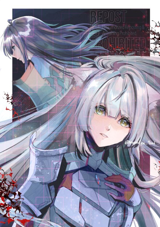 1boy 1girl armor artist_name black_hair border closed_mouth commentary_request eyelashes grey_hair hair_between_eyes long_hair m_(xenoblade) n_(xenoblade) nanami_shingu outside_border parted_lips red_background twitter_username watermark white_border xenoblade_chronicles_(series) xenoblade_chronicles_3 yellow_eyes