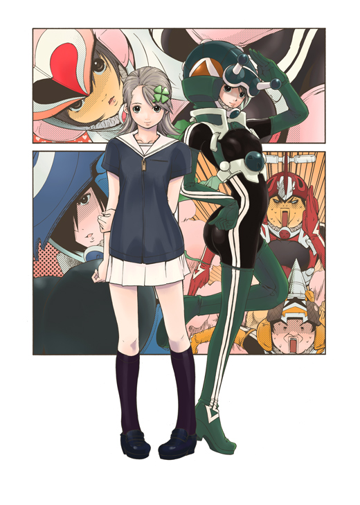 4girls aburami_minoru akabane_taiyo ass bodysuit chou-mukiryoku_sentai_japafive collarbone full_body hair_ornament hairpin headgear helmet japablue japafive japagreen japapink japared japayellow jewelry kneehighs loafers looking_at_viewer mashiba_maeba miniskirt multiple_girls nangoku_tsumomo pigeon-toed pleated_skirt sato_masaki_(masayakofu) shinkai_nagisa shoes short_hair silver_hair skin_tight skirt socks standing swept_bangs zipper