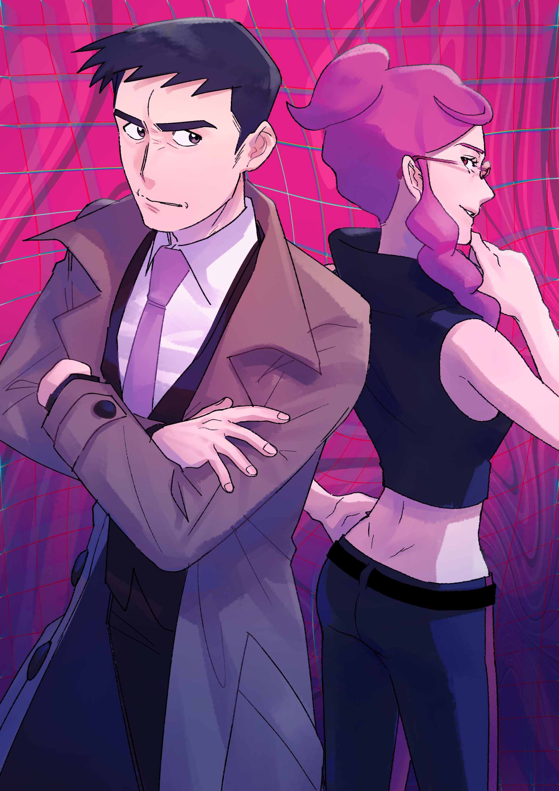 1boy 1girl absurdres ass back-to-back black_hair coat crossed_arms hand_on_own_chin highres looker_(pokemon) looking_at_another looking_back malva_(pokemon) midriff nintendo papurikagakusyu parted_lips pink_hair pokemon pokemon_xy red_eyes thick_eyebrows trench_coat