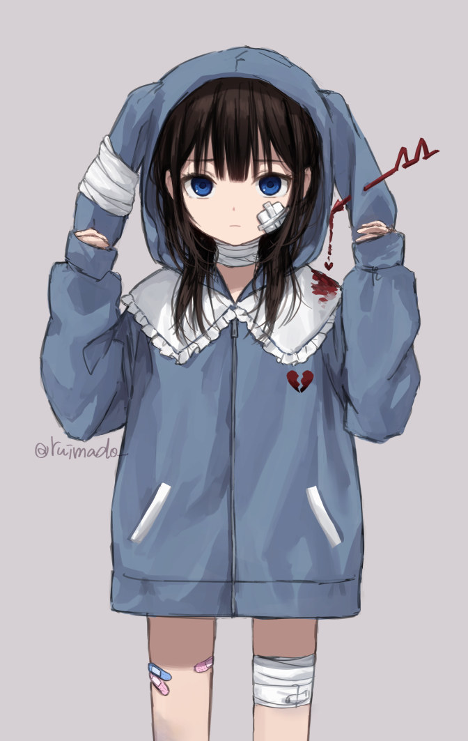 1girl animal_ears animal_hood arrow_(projectile) bandaged_leg bandaged_neck bandages bandaid bandaid_on_cheek bandaid_on_face bandaid_on_leg blood blood_on_clothes blue_eyes brown_hair cowboy_shot fake_animal_ears frilled_shirt_collar frills frown hood hoodie long_hair long_sleeves looking_at_viewer original rabbit_hood ruimado sleeves_past_wrists solo straight-on
