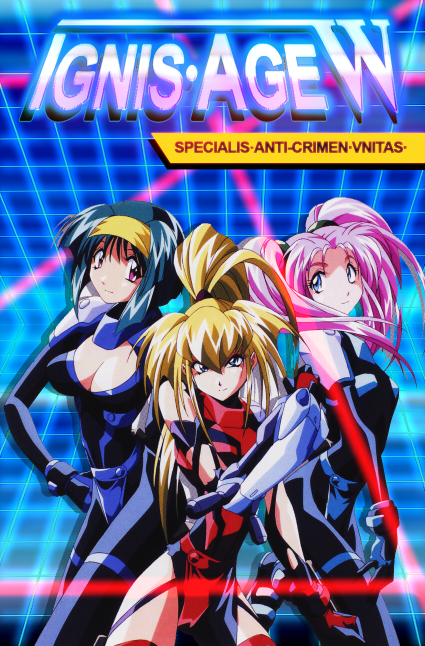 1990s_(style) 3girls armor blonde_hair blue_eyes blue_hair breasts burn-up burn-up_w cleavage grid highres jinguu_maya kinezono_rio latin_text lilica_evett multiple_girls police police_uniform policewoman ponytail power_armor purple_eyes retro_artstyle twintails yamashita_toshinari